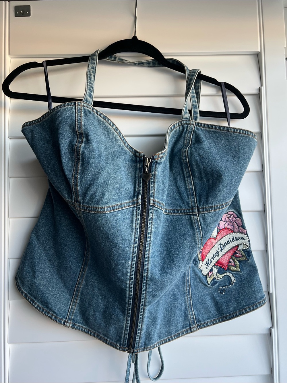 Harley-Davidson Blue Denim Corset Top with Embroidered Heart Patch